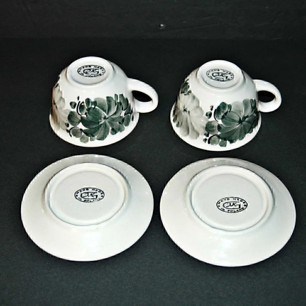 Vintage Polish Cups and Saucers Hand Made and Painted Floral Makers Stamp